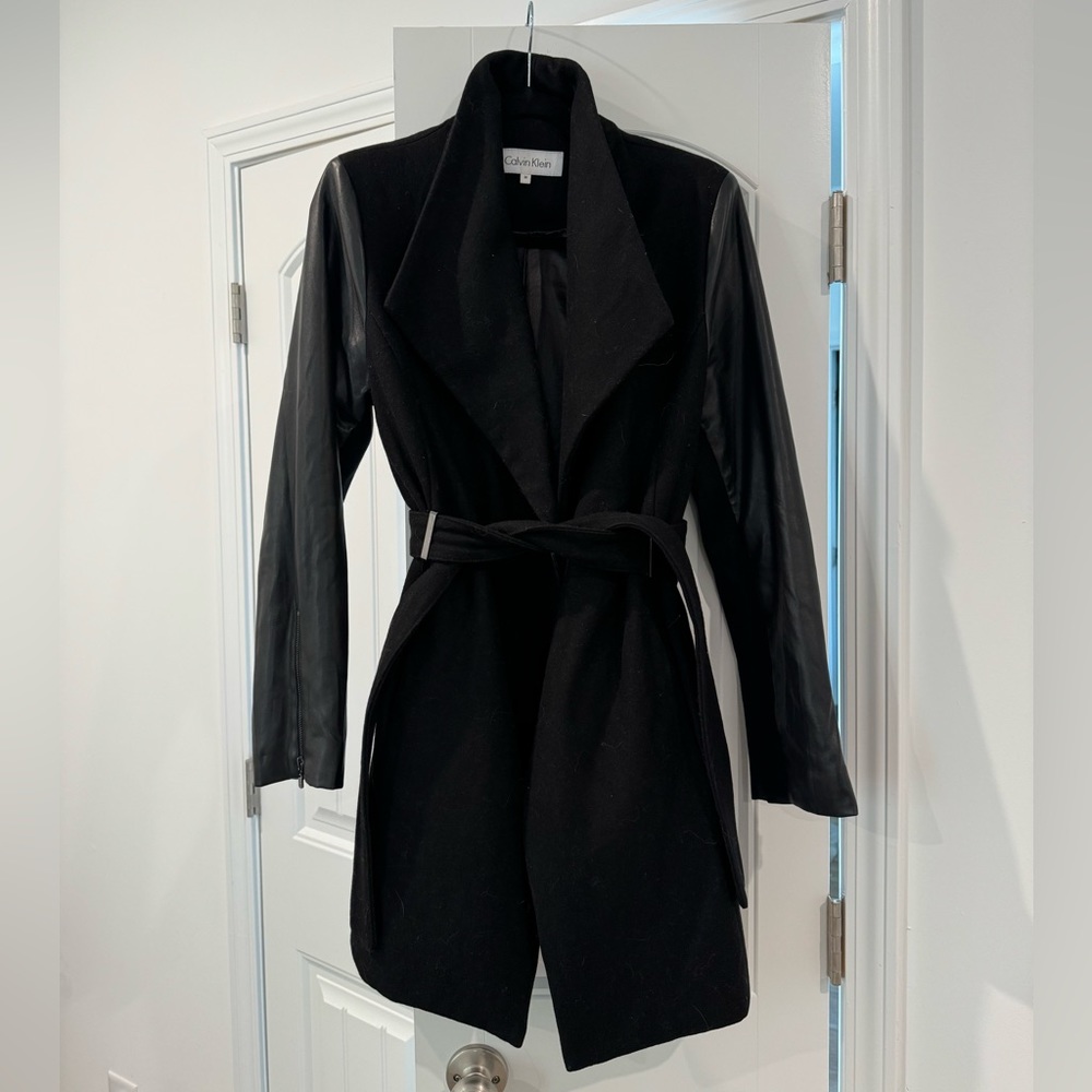 Calvin Klein wool coat with faux leather sleeves